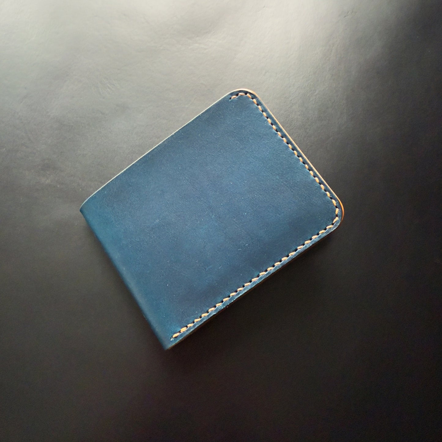 Classic Leather Bifold Wallet / Cobalt Blue / Brown Polyester Thread