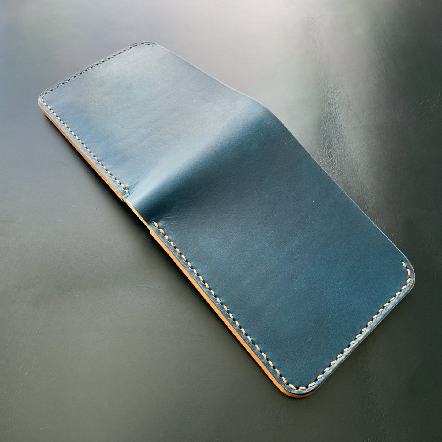 Classic Leather Bifold Wallet / Cobalt Blue / Brown Polyester Thread