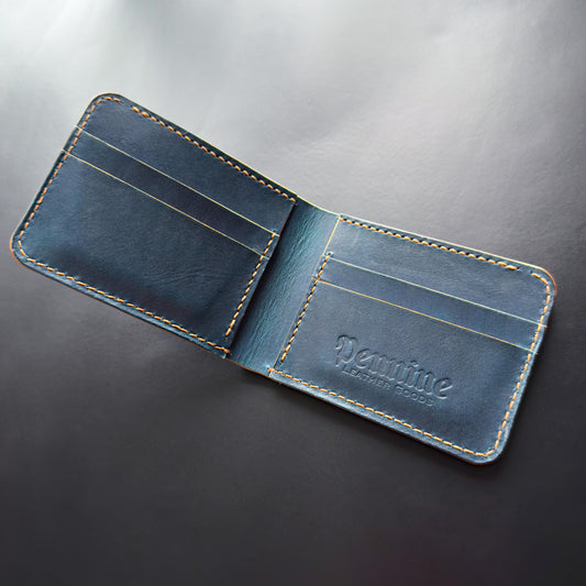 Classic Leather Bifold Wallet / Cobalt Blue / Brown Polyester Thread